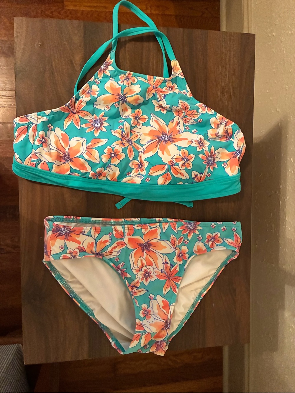 Lands End Women’s Teal Floral High Neck Bikini Set